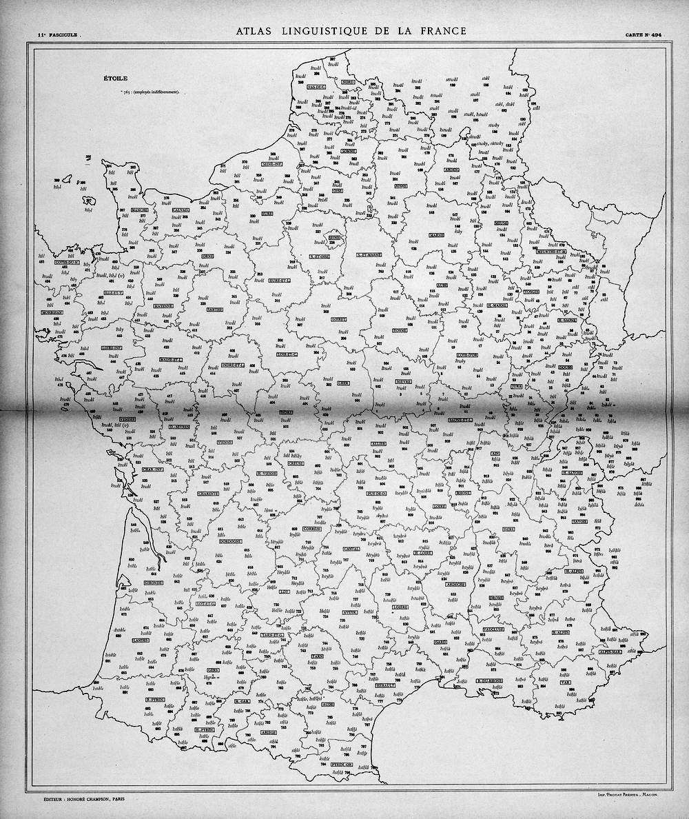 Scanned sheet 494 of the Linguistic Atlas of France, laid over the map